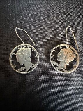 Vintage 925 Sterling Silver Mercury Dime Hand Cut Coin Hooks  pierced Earrings